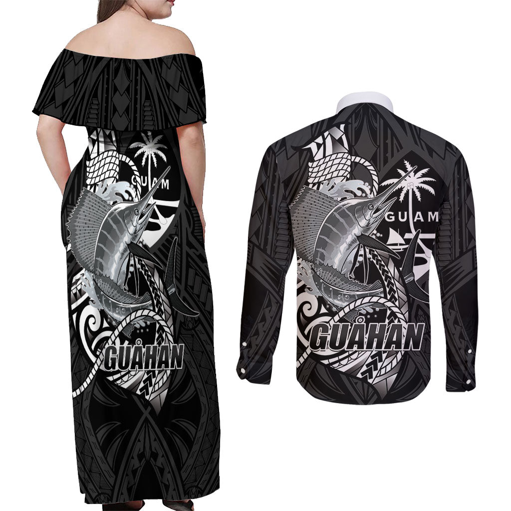 Guam Blue Marlin Fishing Couples Matching Off Shoulder Maxi Dress and Long Sleeve Button Shirt Guahan Fish Hook Tattoo Black Version LT14 - Polynesian Pride