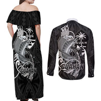 Guam Blue Marlin Fishing Couples Matching Off Shoulder Maxi Dress and Long Sleeve Button Shirt Guahan Fish Hook Tattoo Black Version LT14 - Polynesian Pride