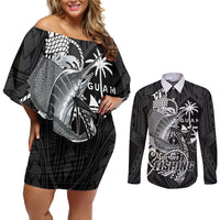 Guam Blue Marlin Fishing Couples Matching Off Shoulder Short Dress and Long Sleeve Button Shirt Guahan Fish Hook Tattoo Black Version LT14 Black - Polynesian Pride
