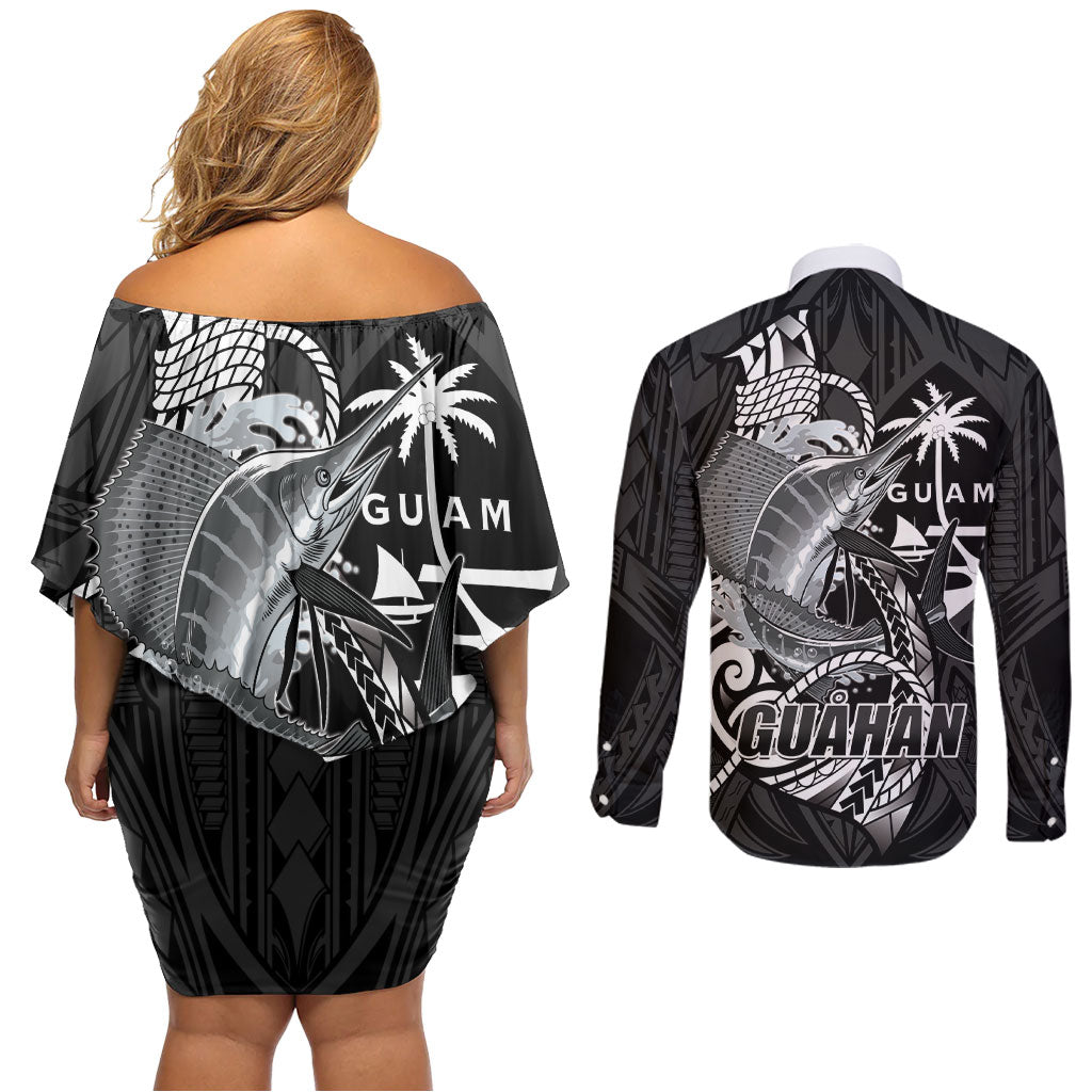 Guam Blue Marlin Fishing Couples Matching Off Shoulder Short Dress and Long Sleeve Button Shirt Guahan Fish Hook Tattoo Black Version LT14 - Polynesian Pride