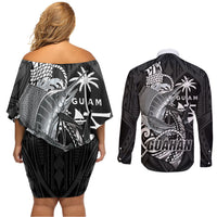 Guam Blue Marlin Fishing Couples Matching Off Shoulder Short Dress and Long Sleeve Button Shirt Guahan Fish Hook Tattoo Black Version LT14 - Polynesian Pride