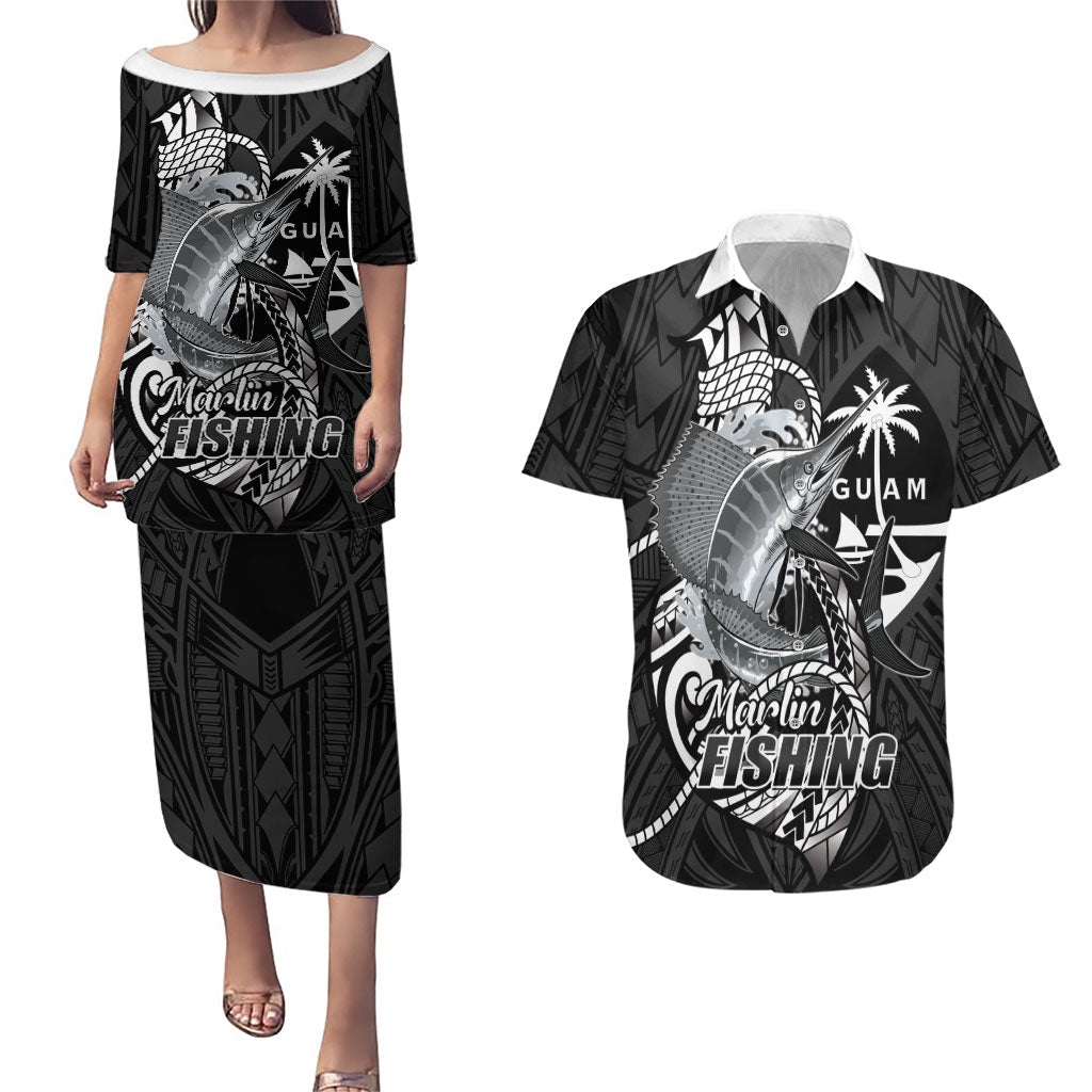Guam Blue Marlin Fishing Couples Matching Puletasi and Hawaiian Shirt Guahan Fish Hook Tattoo Black Version