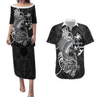 Guam Blue Marlin Fishing Couples Matching Puletasi and Hawaiian Shirt Guahan Fish Hook Tattoo Black Version