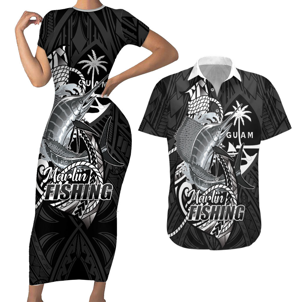 Guam Blue Marlin Fishing Couples Matching Short Sleeve Bodycon Dress and Hawaiian Shirt Guahan Fish Hook Tattoo Black Version