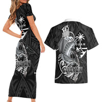 Guam Blue Marlin Fishing Couples Matching Short Sleeve Bodycon Dress and Hawaiian Shirt Guahan Fish Hook Tattoo Black Version