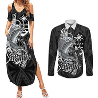 Guam Blue Marlin Fishing Couples Matching Summer Maxi Dress and Long Sleeve Button Shirt Guahan Fish Hook Tattoo Black Version LT14 Black - Polynesian Pride