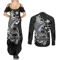 Guam Blue Marlin Fishing Couples Matching Summer Maxi Dress and Long Sleeve Button Shirt Guahan Fish Hook Tattoo Black Version LT14 - Polynesian Pride