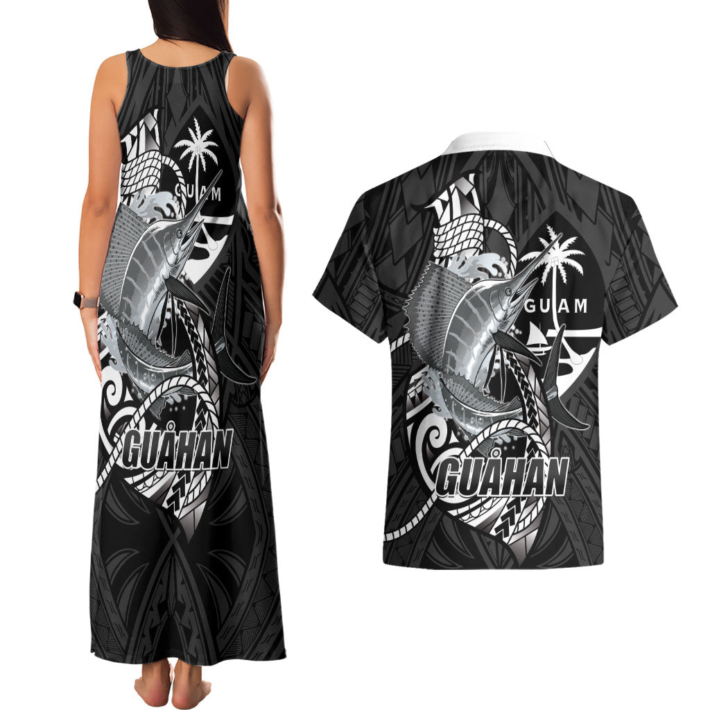 Guam Blue Marlin Fishing Couples Matching Tank Maxi Dress and Hawaiian Shirt Guahan Fish Hook Tattoo Black Version LT14 - Polynesian Pride