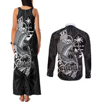 Guam Blue Marlin Fishing Couples Matching Tank Maxi Dress and Long Sleeve Button Shirt Guahan Fish Hook Tattoo Black Version LT14 - Polynesian Pride