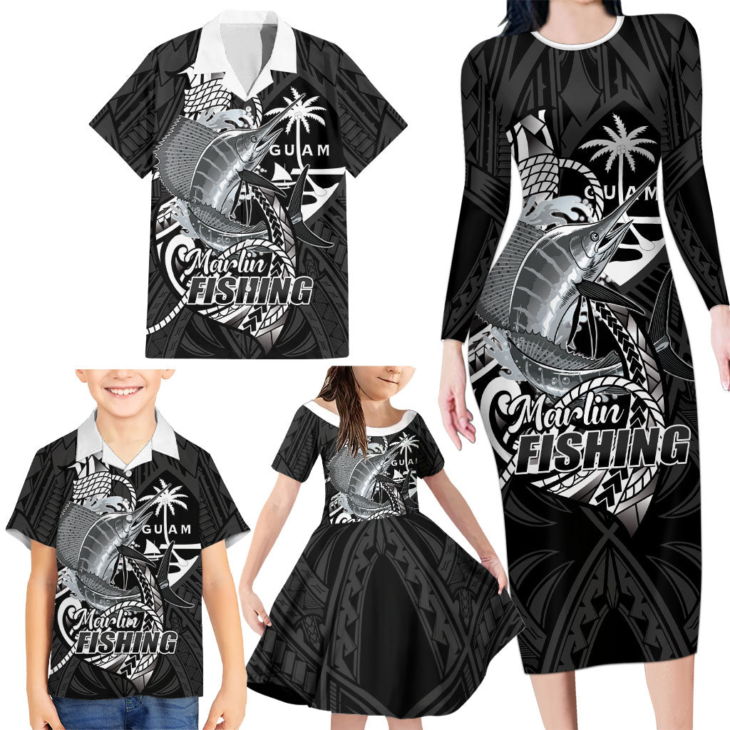 Guam Blue Marlin Fishing Family Matching Long Sleeve Bodycon Dress and Hawaiian Shirt Guahan Fish Hook Tattoo Black Version