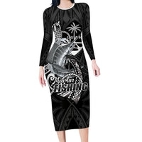 Guam Blue Marlin Fishing Family Matching Long Sleeve Bodycon Dress and Hawaiian Shirt Guahan Fish Hook Tattoo Black Version