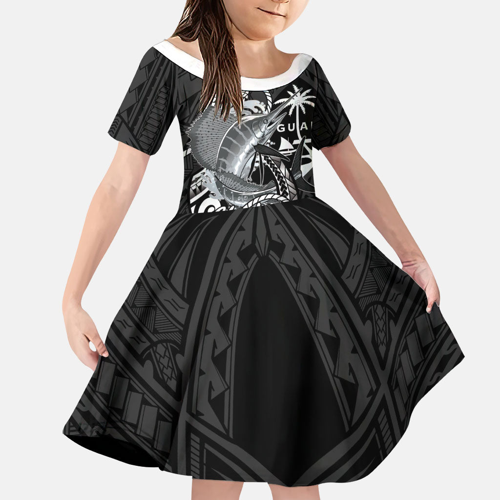 Guam Blue Marlin Fishing Family Matching Mermaid Dress and Hawaiian Shirt Guahan Fish Hook Tattoo Black Version LT14 Daughter's Dress Black - Polynesian Pride