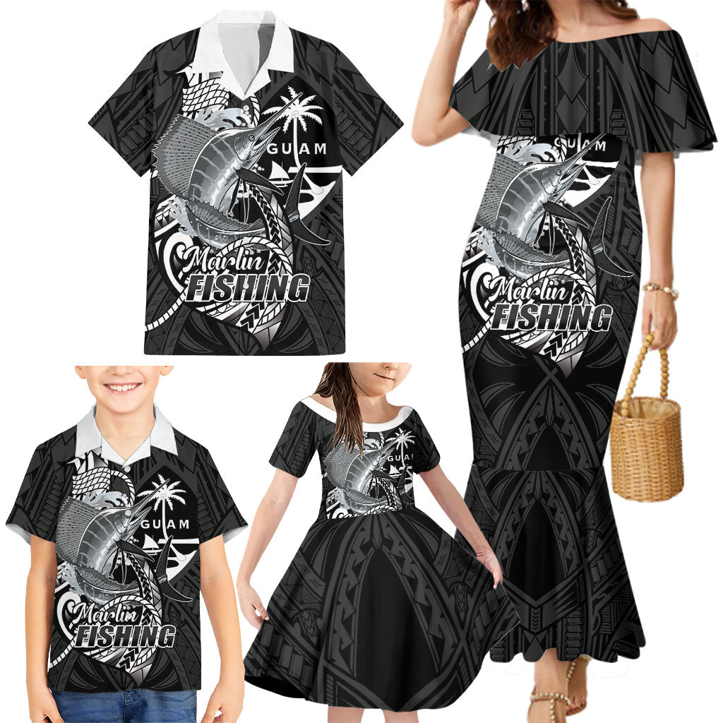 Guam Blue Marlin Fishing Family Matching Mermaid Dress and Hawaiian Shirt Guahan Fish Hook Tattoo Black Version LT14 - Polynesian Pride