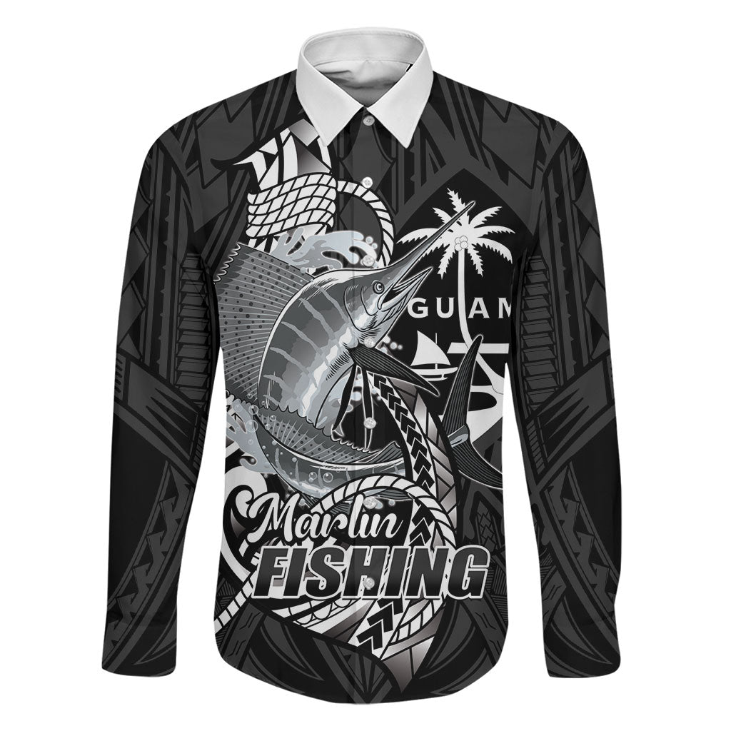 Guam Blue Marlin Fishing Family Matching Mermaid Dress and Hawaiian Shirt Guahan Fish Hook Tattoo Black Version LT14 Dad's Shirt - Long Sleeve Black - Polynesian Pride