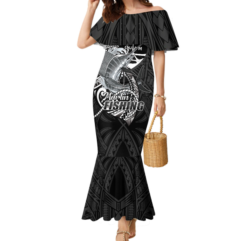 Guam Blue Marlin Fishing Family Matching Mermaid Dress and Hawaiian Shirt Guahan Fish Hook Tattoo Black Version LT14 Mom's Dress Black - Polynesian Pride
