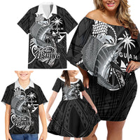 Guam Blue Marlin Fishing Family Matching Off Shoulder Short Dress and Hawaiian Shirt Guahan Fish Hook Tattoo Black Version
