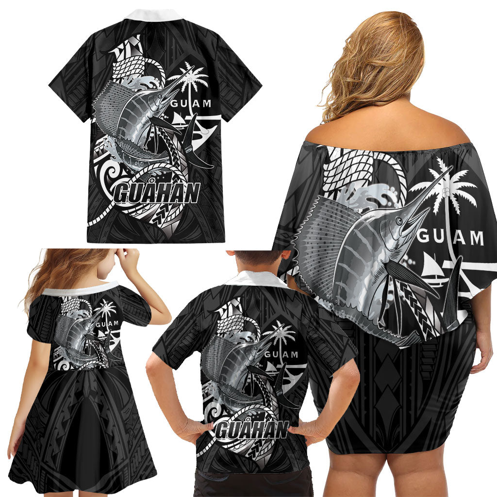 Guam Blue Marlin Fishing Family Matching Off Shoulder Short Dress and Hawaiian Shirt Guahan Fish Hook Tattoo Black Version