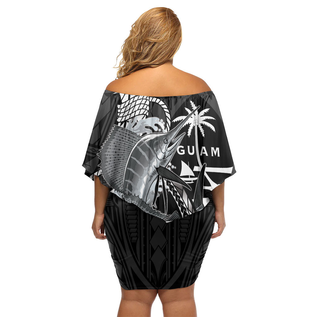 Guam Blue Marlin Fishing Family Matching Off Shoulder Short Dress and Hawaiian Shirt Guahan Fish Hook Tattoo Black Version