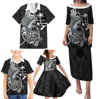 Guam Blue Marlin Fishing Family Matching Puletasi and Hawaiian Shirt Guahan Fish Hook Tattoo Black Version
