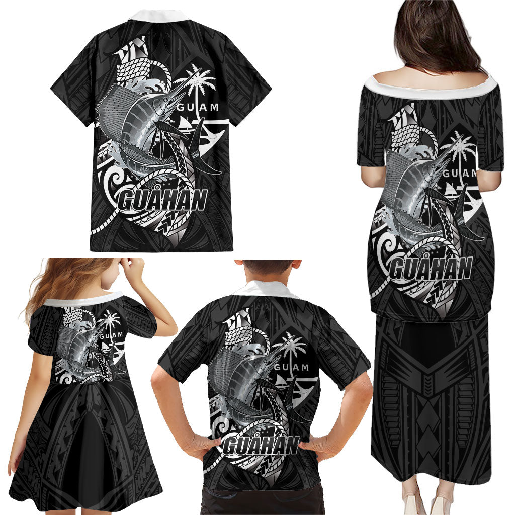 Guam Blue Marlin Fishing Family Matching Puletasi and Hawaiian Shirt Guahan Fish Hook Tattoo Black Version