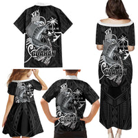 Guam Blue Marlin Fishing Family Matching Puletasi and Hawaiian Shirt Guahan Fish Hook Tattoo Black Version