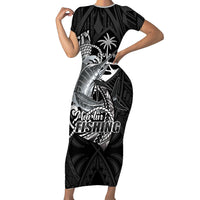 Guam Blue Marlin Fishing Family Matching Short Sleeve Bodycon Dress and Hawaiian Shirt Guahan Fish Hook Tattoo Black Version