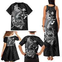 Guam Blue Marlin Fishing Family Matching Tank Maxi Dress and Hawaiian Shirt Guahan Fish Hook Tattoo Black Version