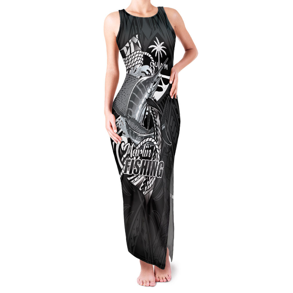 Guam Blue Marlin Fishing Family Matching Tank Maxi Dress and Hawaiian Shirt Guahan Fish Hook Tattoo Black Version