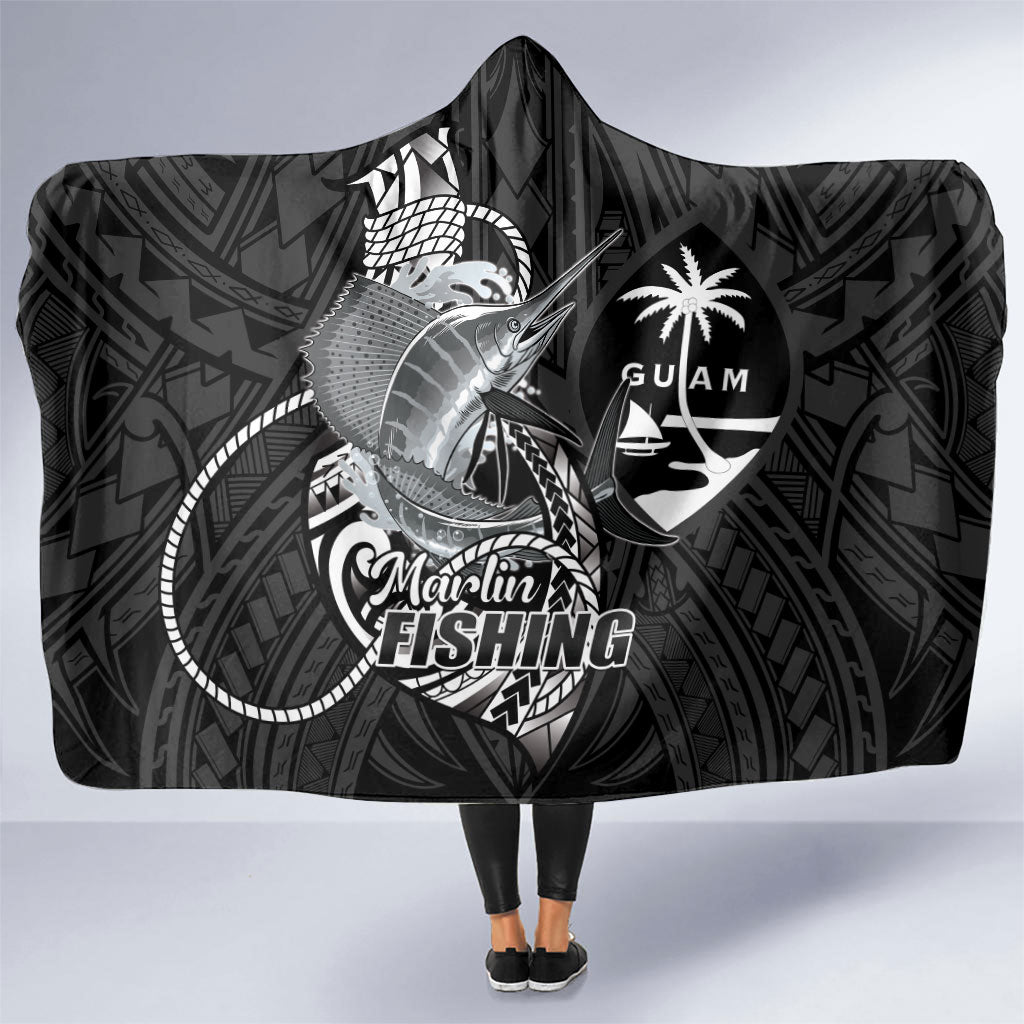 Guam Blue Marlin Fishing Hooded Blanket Guahan Fish Hook Tattoo Black Version