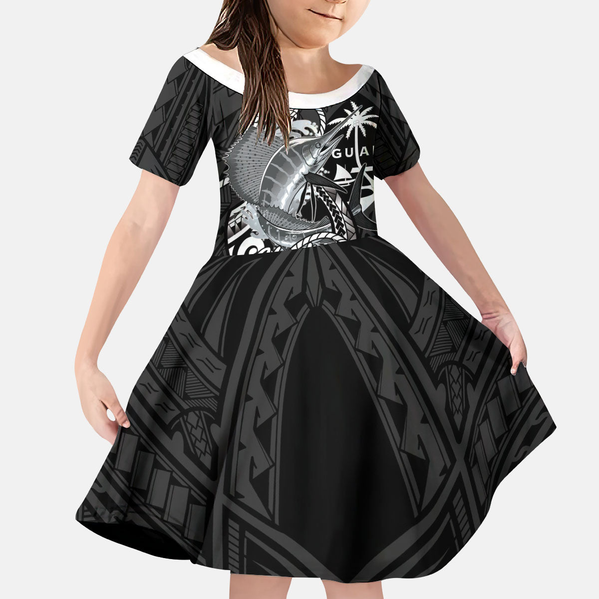 Guam Blue Marlin Fishing Kid Short Sleeve Dress Guahan Fish Hook Tattoo Black Version LT14 KID Black - Polynesian Pride