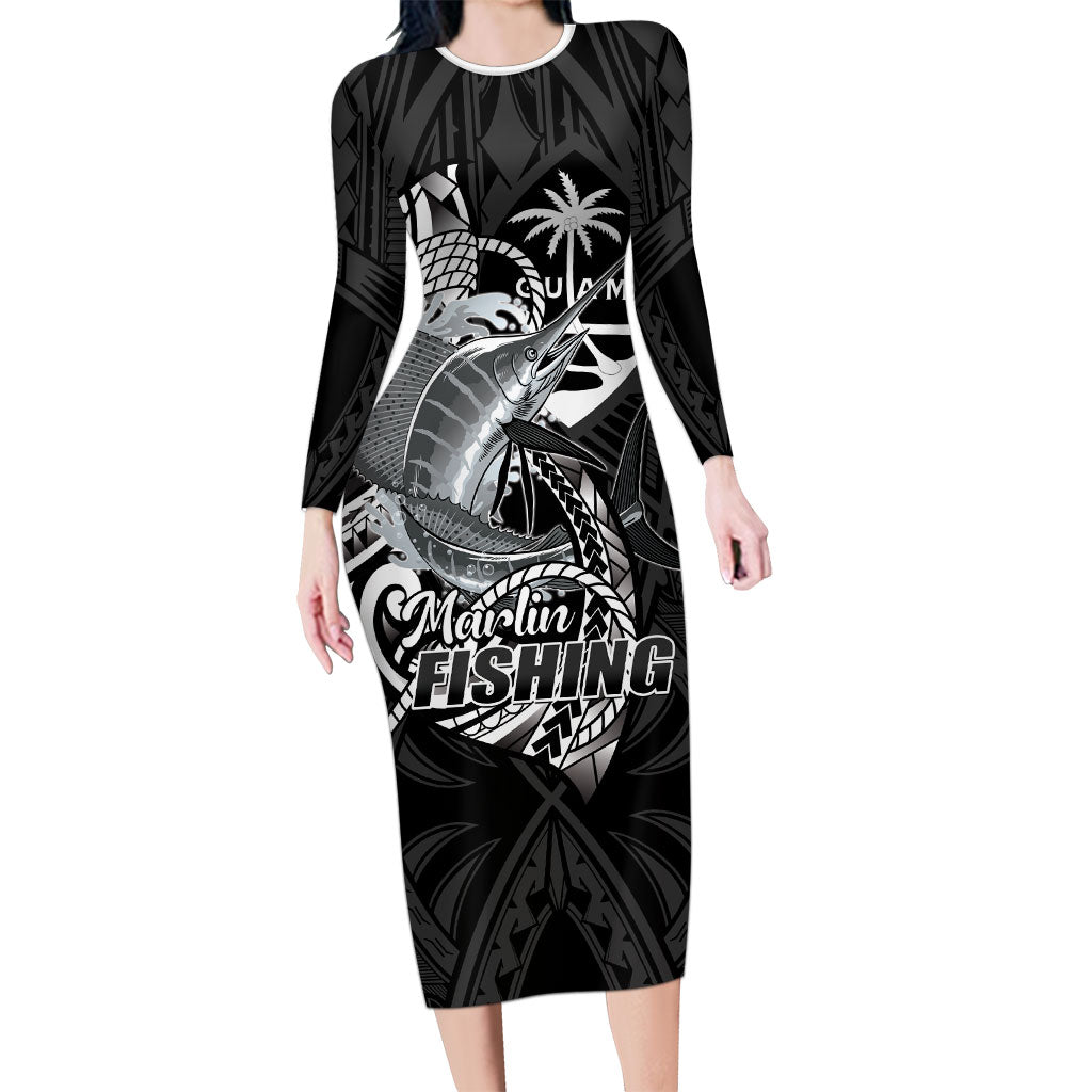 Guam Blue Marlin Fishing Long Sleeve Bodycon Dress Guahan Fish Hook Tattoo Black Version