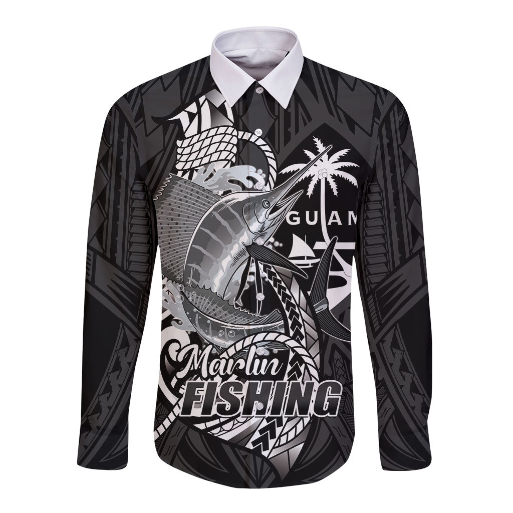 Guam Blue Marlin Fishing Long Sleeve Button Shirt Guahan Fish Hook Tattoo Black Version