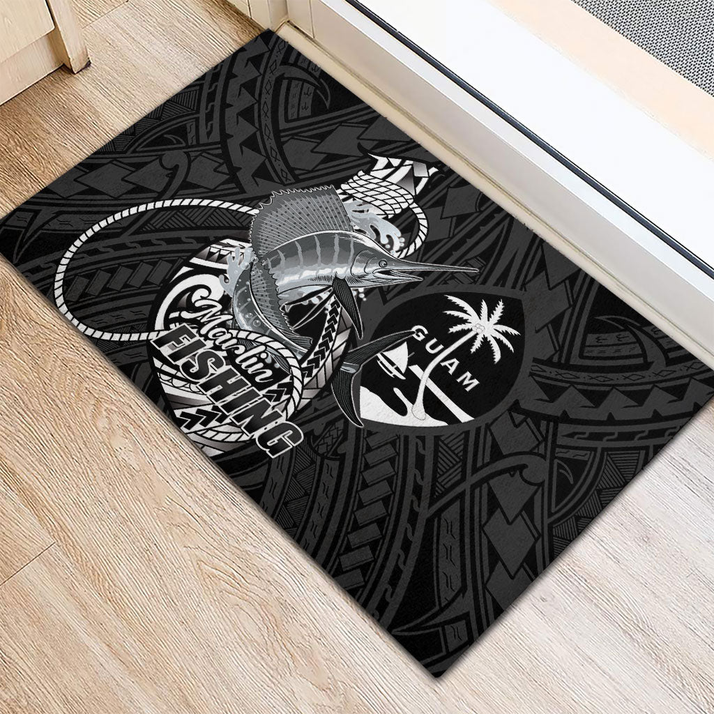 Guam Blue Marlin Fishing Rubber Doormat Guahan Fish Hook Tattoo Black Version