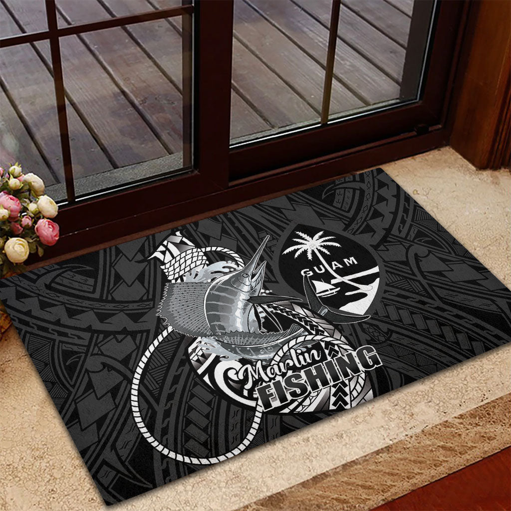 Guam Blue Marlin Fishing Rubber Doormat Guahan Fish Hook Tattoo Black Version