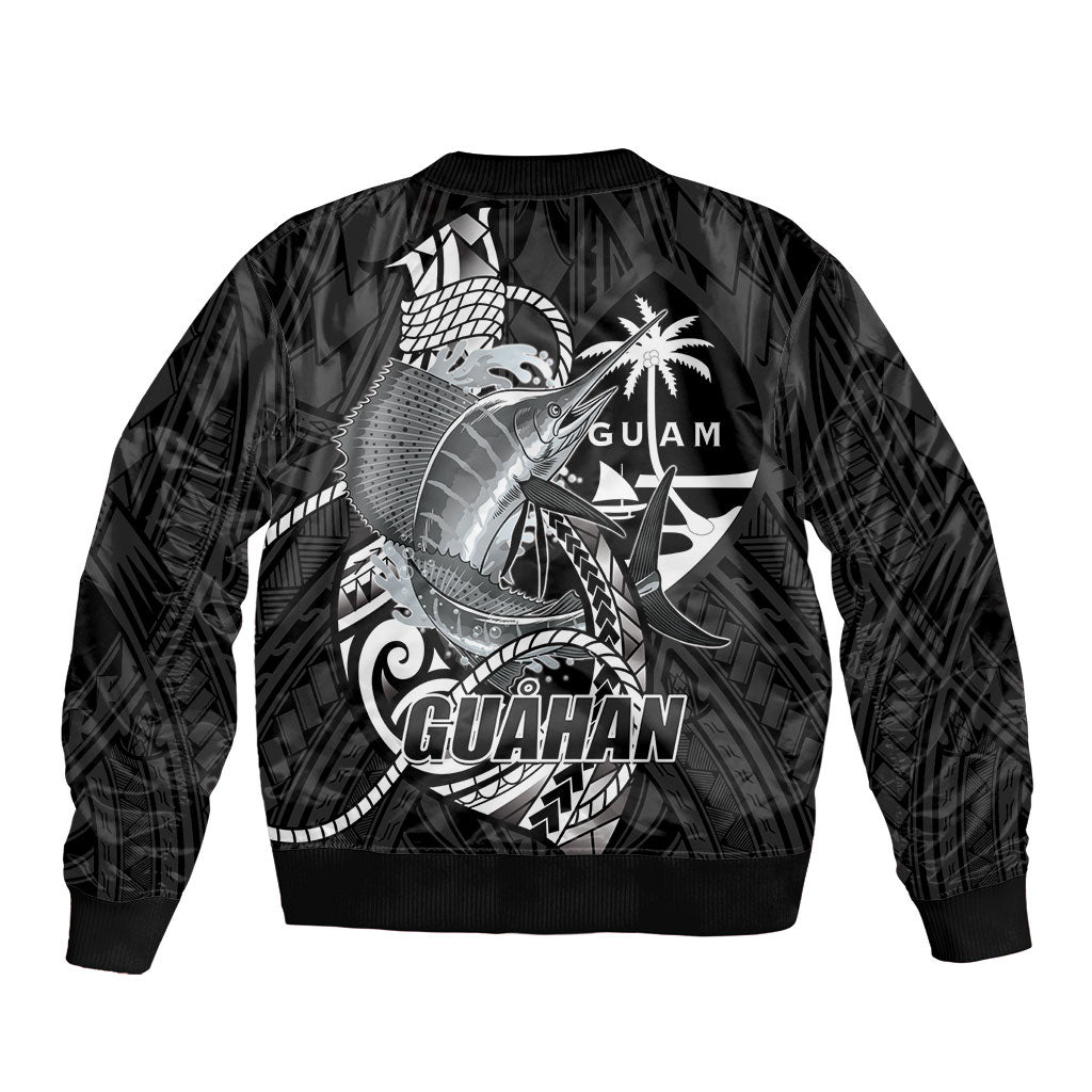 Guam Blue Marlin Fishing Sleeve Zip Bomber Jacket Guahan Fish Hook Tattoo Black Version