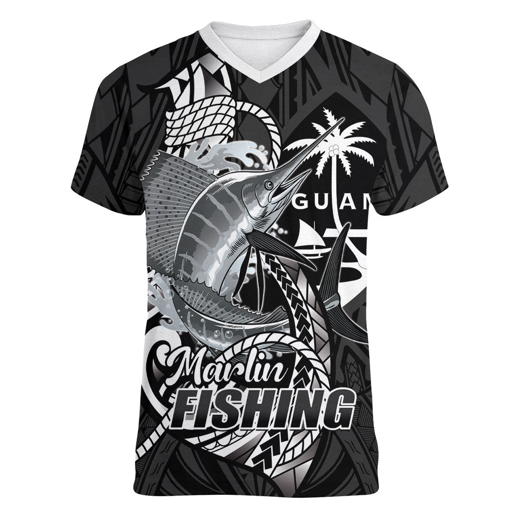 Guam Blue Marlin Fishing Women V-Neck T-Shirt Guahan Fish Hook Tattoo Black Version LT14 Female Black - Polynesian Pride