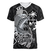 Guam Blue Marlin Fishing Women V-Neck T-Shirt Guahan Fish Hook Tattoo Black Version LT14 Female Black - Polynesian Pride