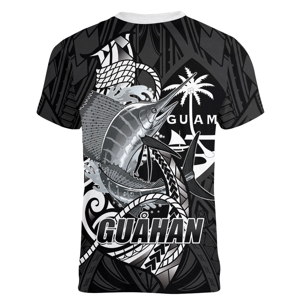 Guam Blue Marlin Fishing Women V-Neck T-Shirt Guahan Fish Hook Tattoo Black Version LT14 - Polynesian Pride