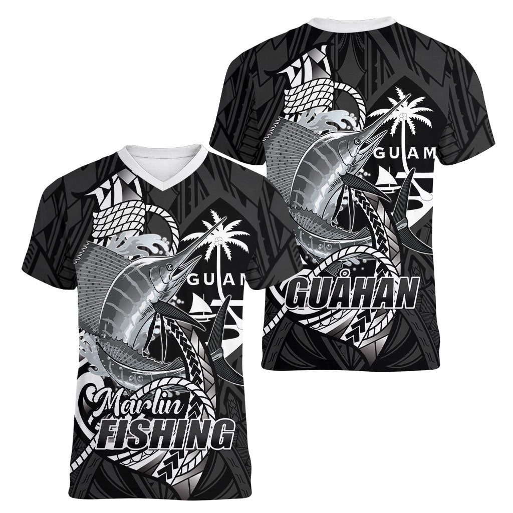 Guam Blue Marlin Fishing Women V-Neck T-Shirt Guahan Fish Hook Tattoo Black Version LT14 - Polynesian Pride