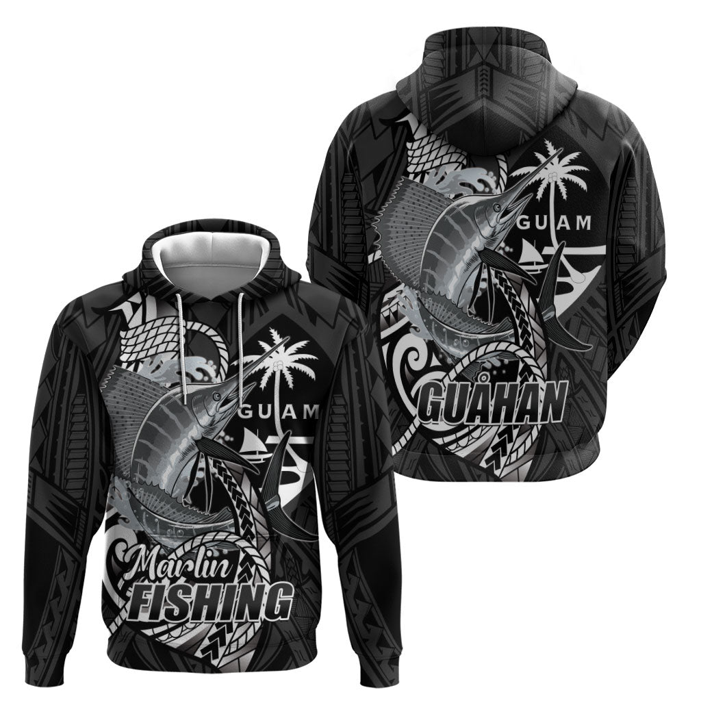 Guam Blue Marlin Fishing Zip Hoodie Guahan Fish Hook Tattoo Black Version