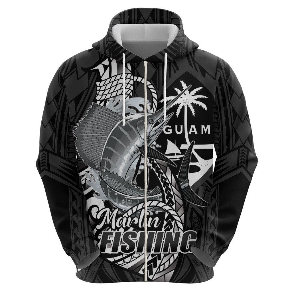 Guam Blue Marlin Fishing Zip Hoodie Guahan Fish Hook Tattoo Black Version