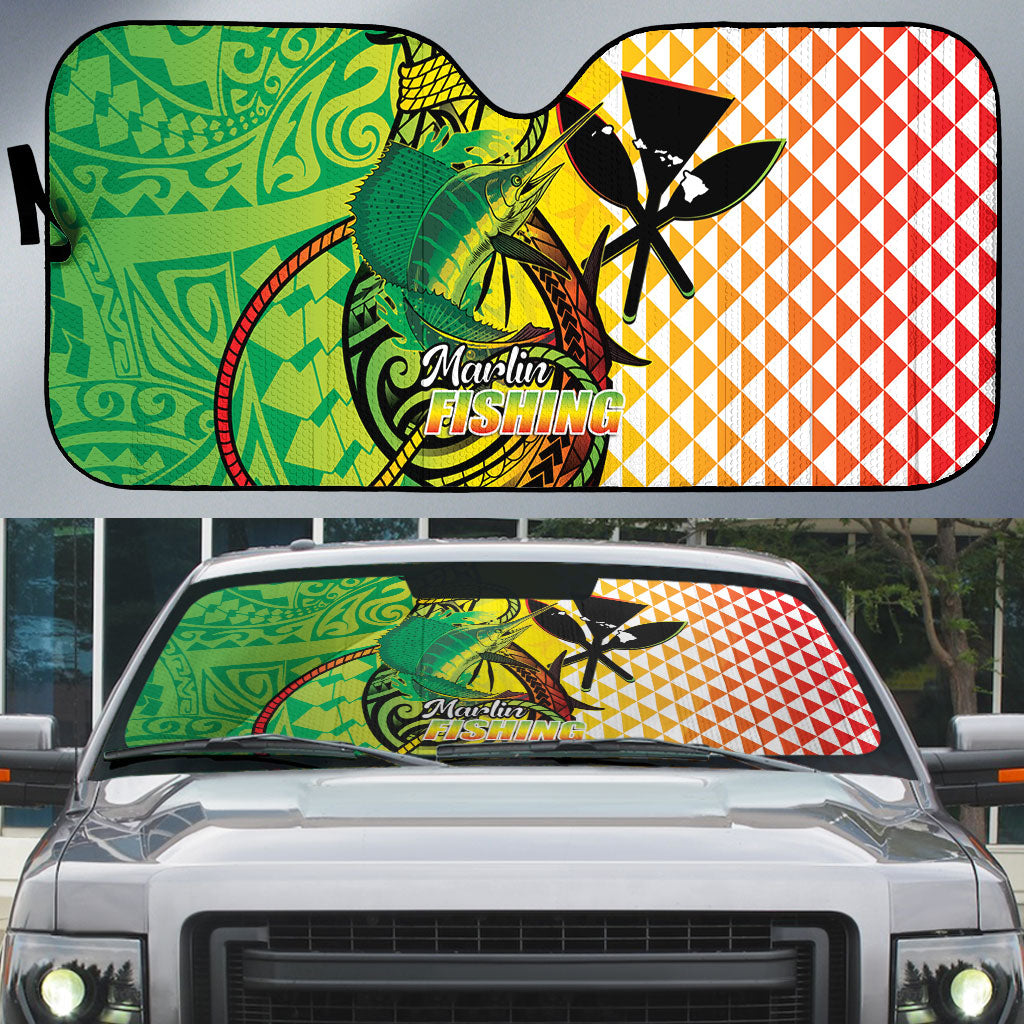 Hawaii Blue Marlin Fishing Auto Sun Shade Hawaiian Kanaka Kakau Reggae