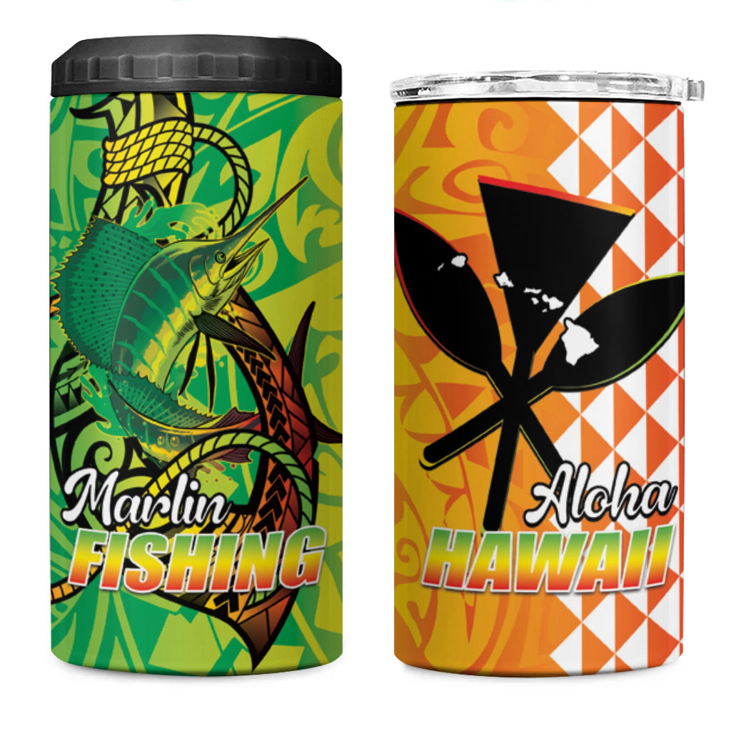 Hawaii Blue Marlin Fishing 4 in 1 Can Cooler Tumbler Hawaiian Kanaka Kakau Reggae