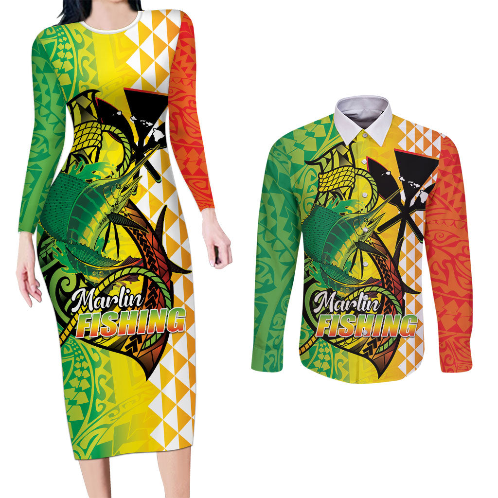 Hawaii Blue Marlin Fishing Couples Matching Long Sleeve Bodycon Dress and Long Sleeve Button Shirt Hawaiian Kanaka Kakau Reggae LT14 Reggae - Polynesian Pride