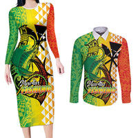 Hawaii Blue Marlin Fishing Couples Matching Long Sleeve Bodycon Dress and Long Sleeve Button Shirt Hawaiian Kanaka Kakau Reggae LT14 Reggae - Polynesian Pride