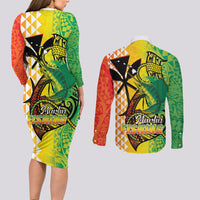 Hawaii Blue Marlin Fishing Couples Matching Long Sleeve Bodycon Dress and Long Sleeve Button Shirt Hawaiian Kanaka Kakau Reggae LT14 - Polynesian Pride