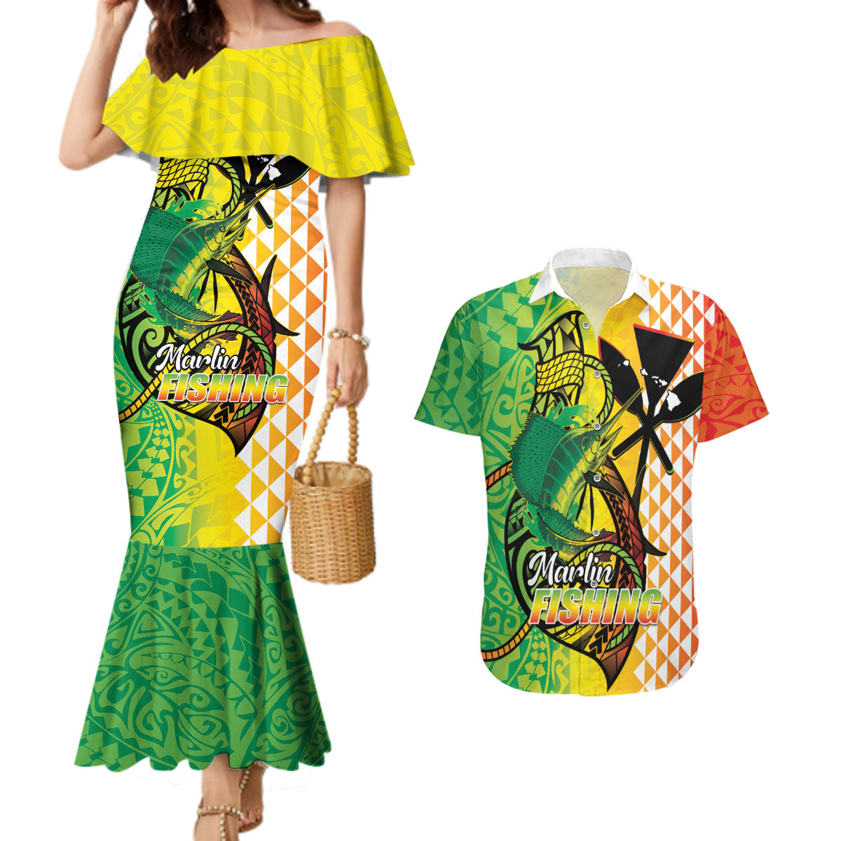 Hawaii Blue Marlin Fishing Couples Matching Mermaid Dress and Hawaiian Shirt Hawaiian Kanaka Kakau Reggae