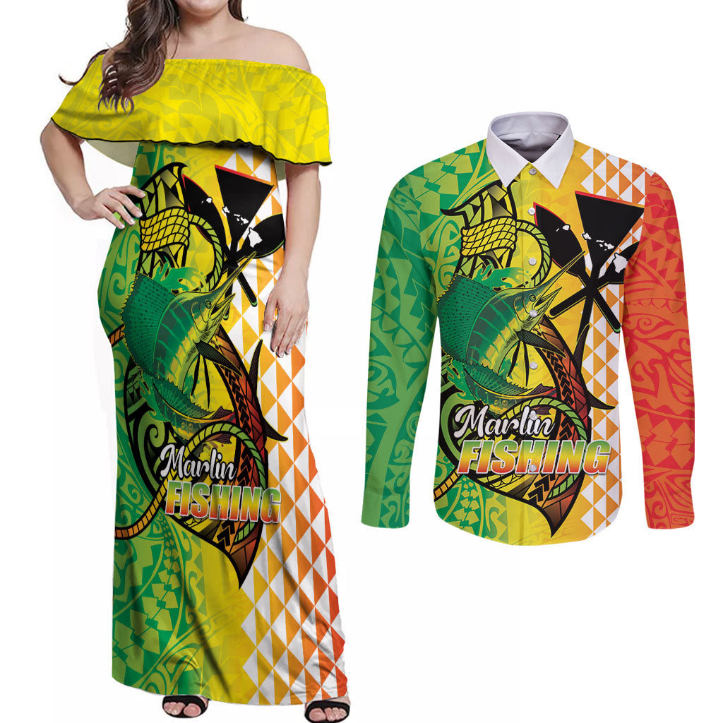 Hawaii Blue Marlin Fishing Couples Matching Off Shoulder Maxi Dress and Long Sleeve Button Shirt Hawaiian Kanaka Kakau Reggae