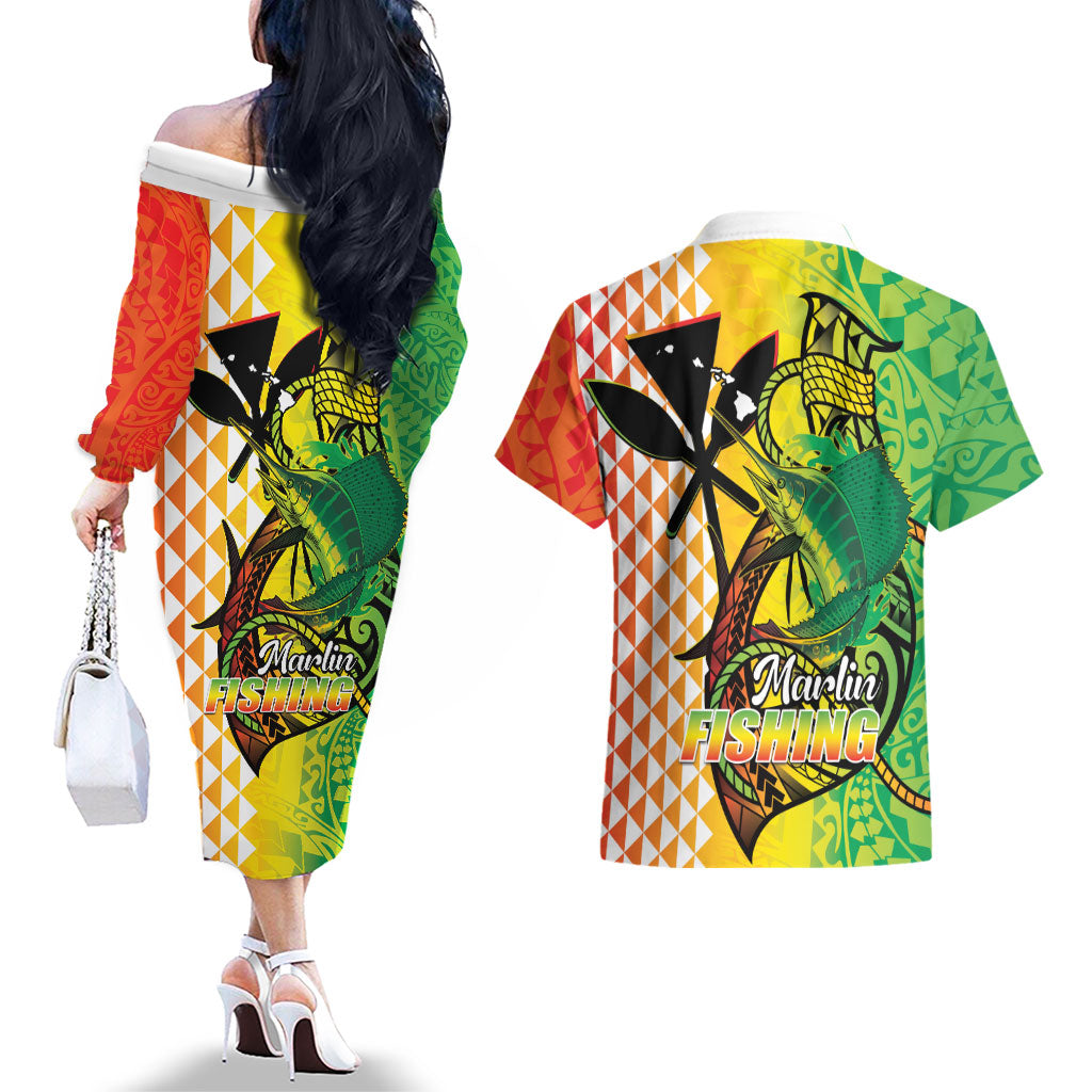 Hawaii Blue Marlin Fishing Couples Matching Off The Shoulder Long Sleeve Dress and Hawaiian Shirt Hawaiian Kanaka Kakau Reggae