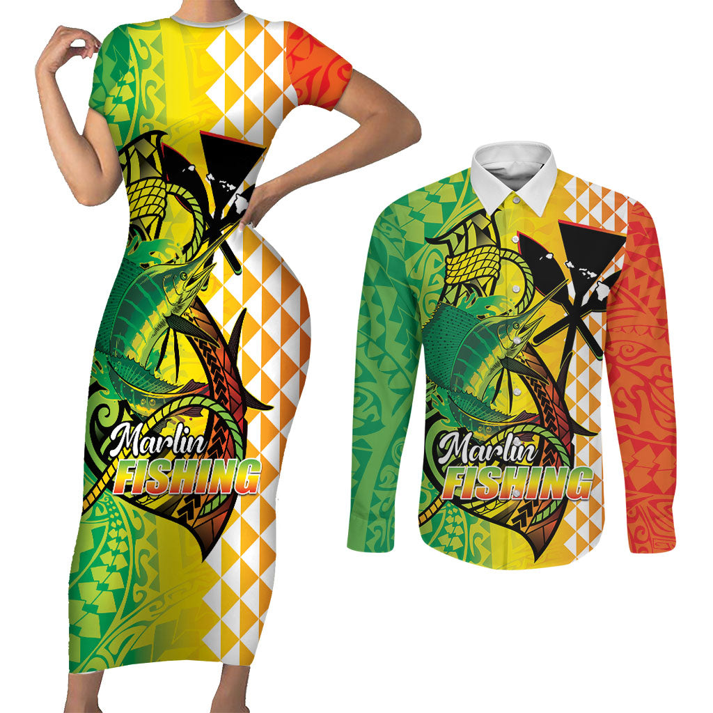 Hawaii Blue Marlin Fishing Couples Matching Short Sleeve Bodycon Dress and Long Sleeve Button Shirt Hawaiian Kanaka Kakau Reggae